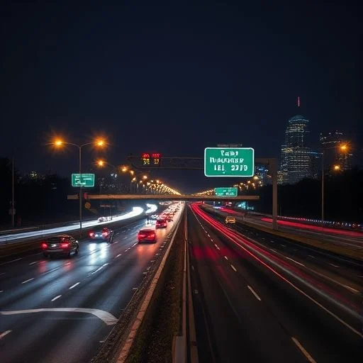 Inside futuristic vehicle looking at winding illuminated highway